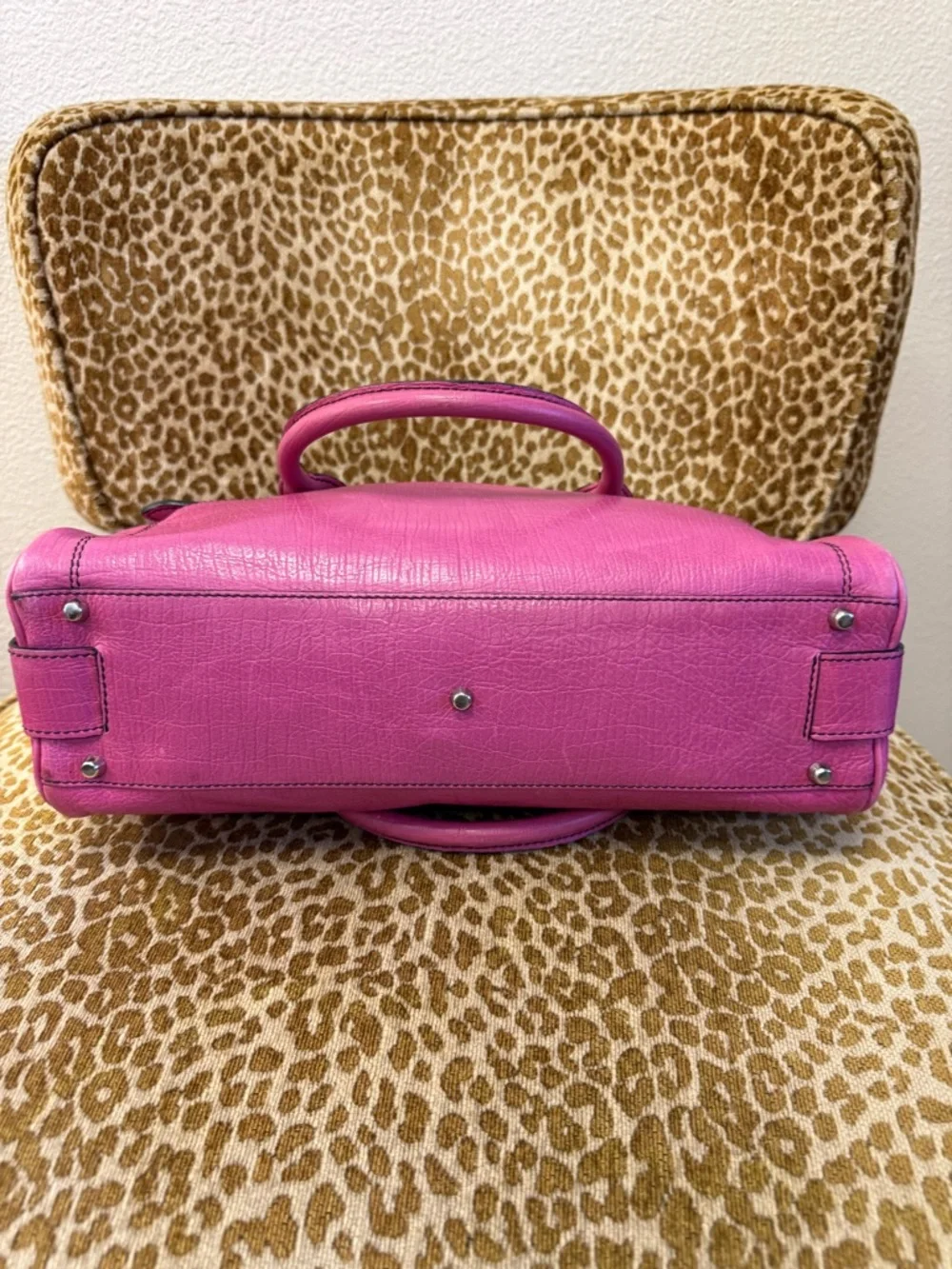 💯 Authentic FRANCESCO BIASIA Pink Leather Bowler Satchel Bag w Silver Hardware